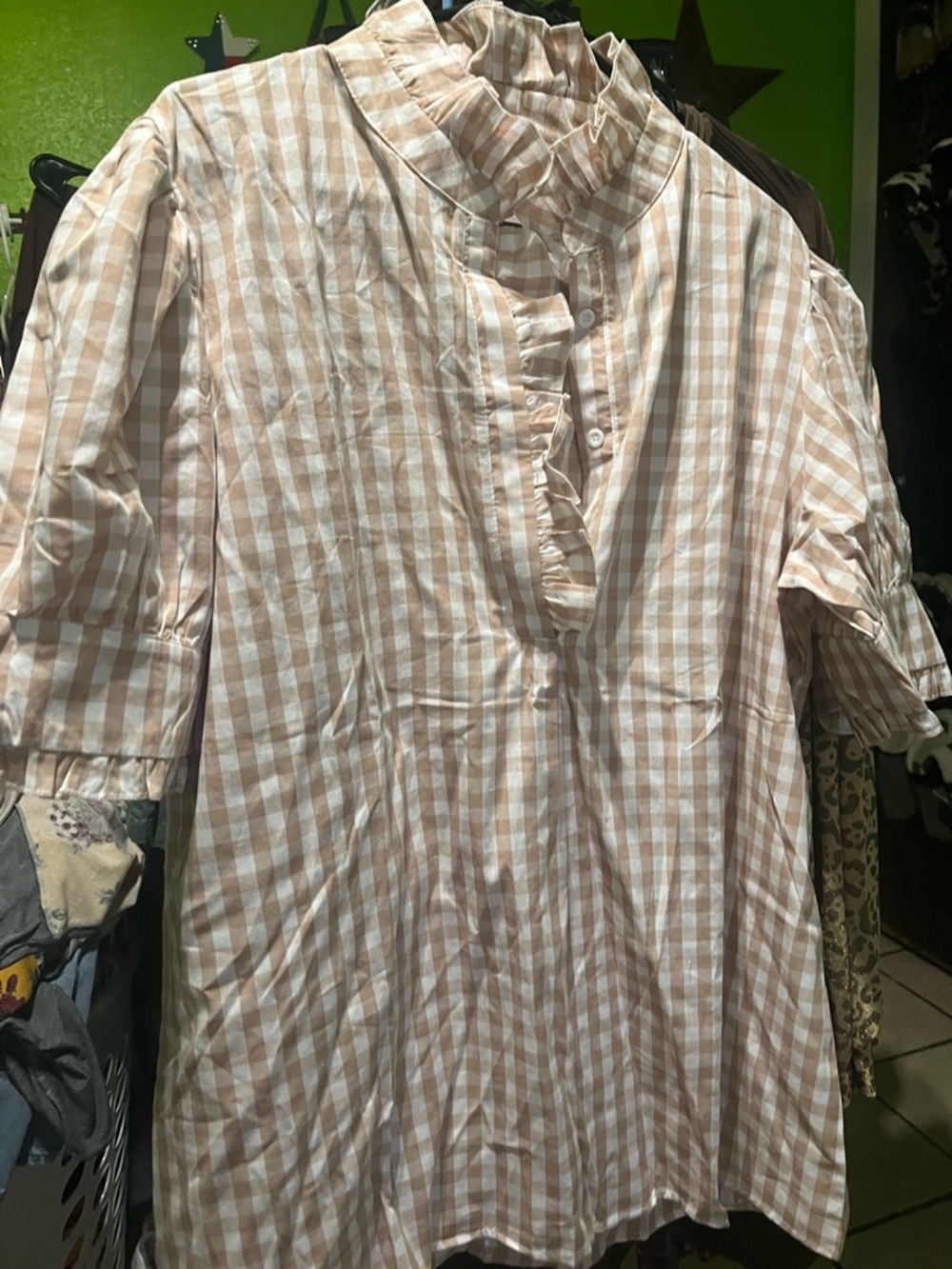 Gingham Ruffle Collar Tunic - Beige & White
